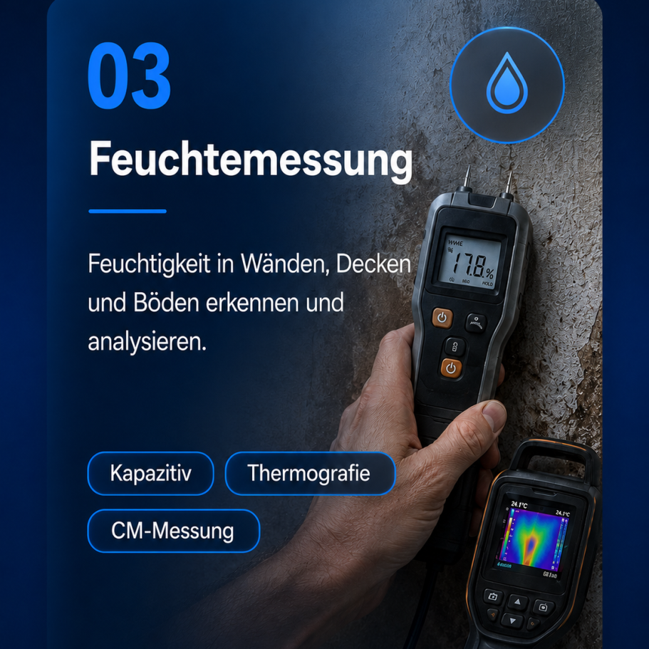 Feuchtigkeit in Wänden, Decken und Böden erkennen, bewerten und dokumentieren – als Grundlage für weitere Maßnahmen. Feuchtemessung an Wand und Boden nach Wasserschaden
