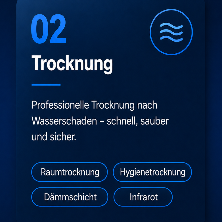 Professionelle technische Trocknung nach Wasserschaden, Rohrbruch oder Feuchtigkeitsschaden in Wand, Boden und Dämmung. Technische Trocknung nach Wasserschaden mit Bautrocknern