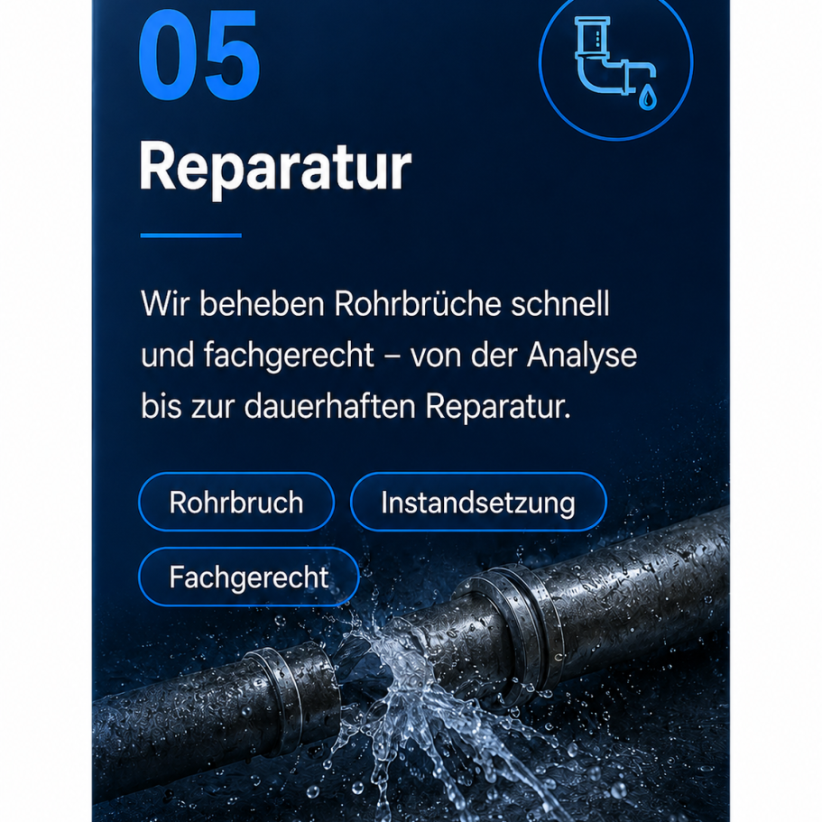 Schnelle und fachgerechte Reparatur bei Rohrbruch, Leckage oder defekten Leitungen. Rohrbruch Reparatur und Instandsetzung einer Wasserleitung